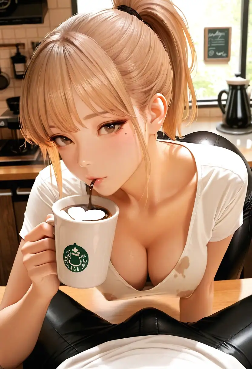 AI art 'Love in the slow brew' with user description 'As usual, I sat at the corner in her café. A heavy rain arrived without warning. With no customers coming in, she decided to close the shop early. While closing up, she got caught in the downpour. Her wet clothes clung to her body, and sadness lingered in her eyes.

She came over and asked softly, “You’ve had so many cups… aren’t you going home? I’m closing the shop.”

I kept my eyes down. “I want to stay longer. I want to be alone with you.”

She paused, cheeks flushing as she bit her lip. “I’ve been secretly watching you for a long time. I was afraid you only came for the coffee.” She met my gaze. “Do you still want to stay?”

My heart pounded. I nodded. “Yes.”

She led me to the back room with a trembling voice. “I need to change. Will you stand guard for me?”
We entered the dim storage room. She turned her back and slipped off her wet clothes. She was so breathtaking that I couldn't resist holding her from behind. Her body shivered softly.

“It’s all right…” she whispered.
I kissed her neck and entered her slowly from behind. She let out a quiet moan and leaned into my rhythm until release came. Then she turned to face me, sat on the table, and wrapped her legs around my waist. We moved together once more until we crested.

Later, she brewed a cup of coffee and gave me a gentle smile, "On a rainy day, your seat is always reserved. Come have a coffee with me."'