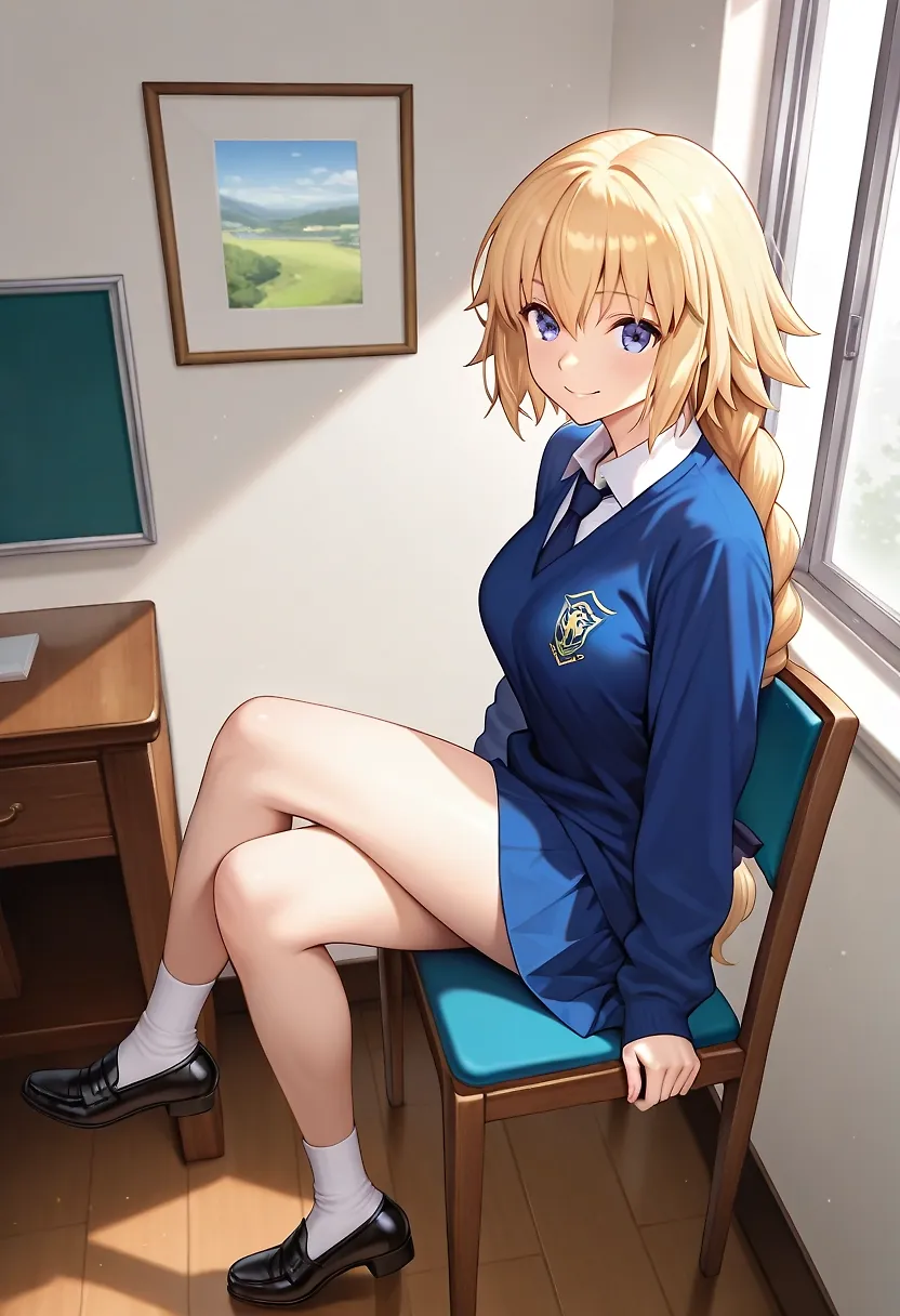 AI art "Chair sitting" with user description "Jeanne d'Arc sitting on chair, legs crossed"