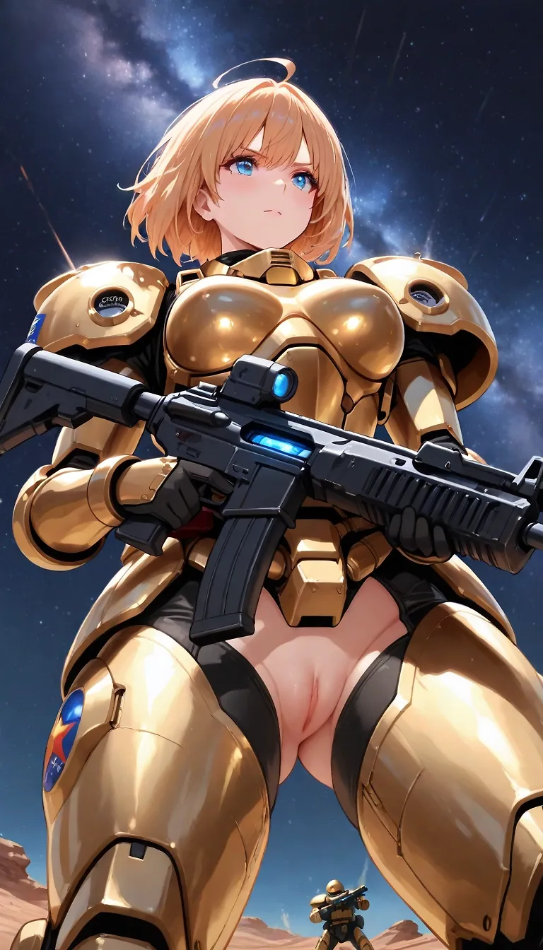 AI art "Goldie : For Super-Earth !" with user description "Goldie joins zuzul's team 😏

... but, it didn't go according to plan... girls will be girls 🤗

Damn you guys! @kokoroto, @zuzul, @warmicestudios and @starima, you've infected me with cuteness :3 🥹

P.S. As for the tactical suit leaving her pussy and ass completely exposed… yeah, regrettably, the ‘drain problem’ still hasn’t been fixed 😭 

But we're working on it… (no we're not) 😉"