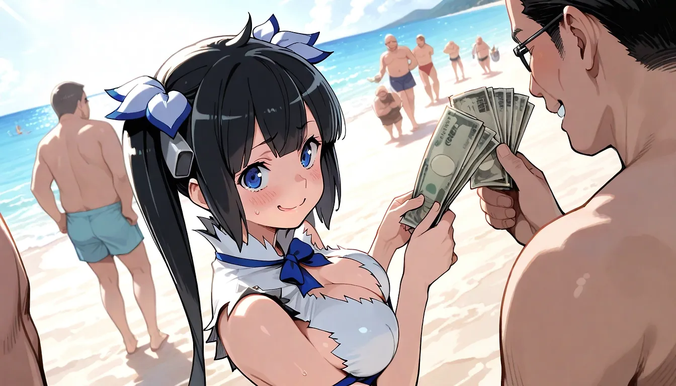 AI art "VISUAL STORY: HESTIA AT BEACH GETTING MONEY" with user description "HESTIA FOUND A QUICK WAY TO GET MONEY"