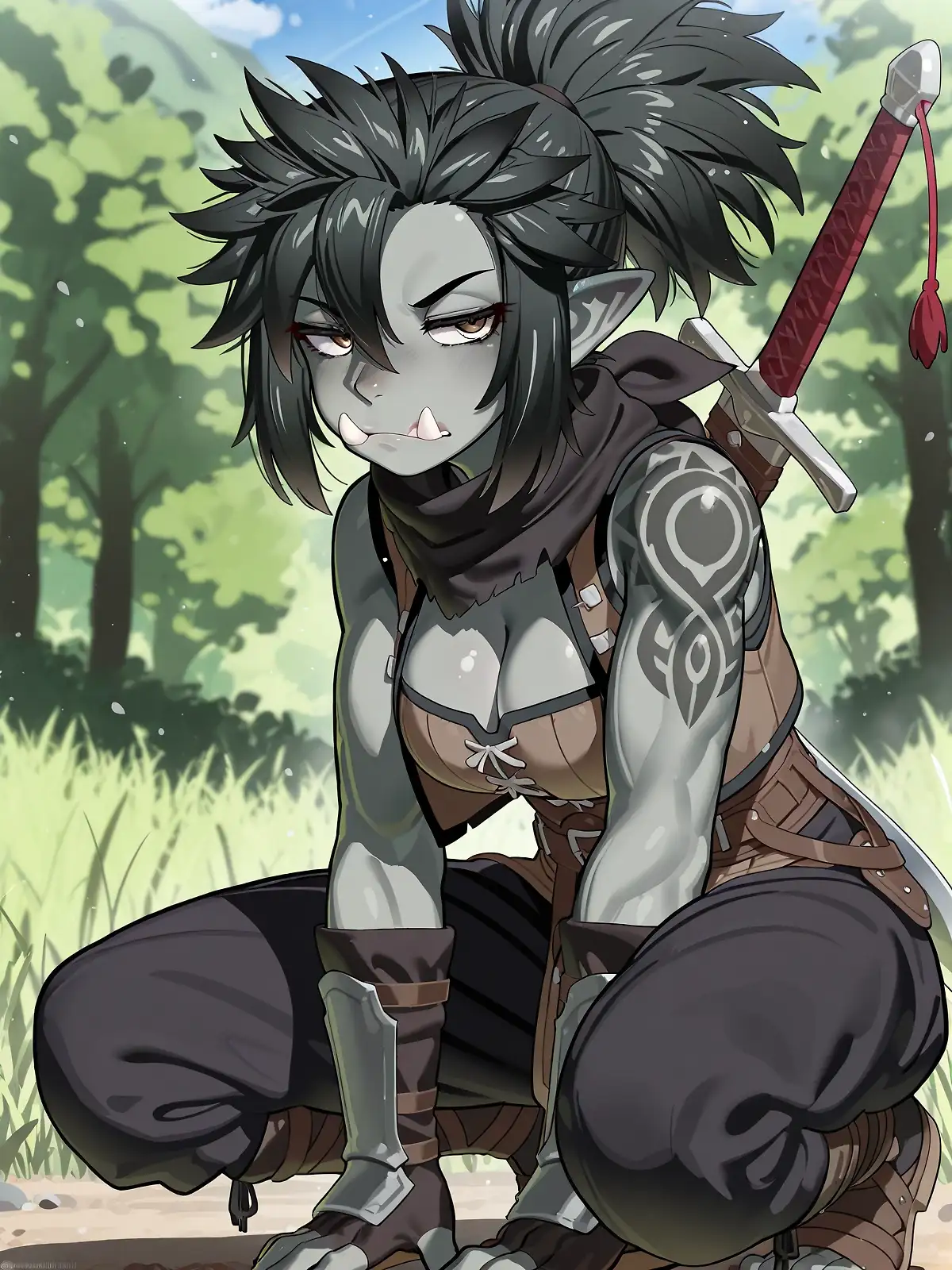 AI art 'Unimpressed Orc Merc' with user description 'Orc cutie alert!'