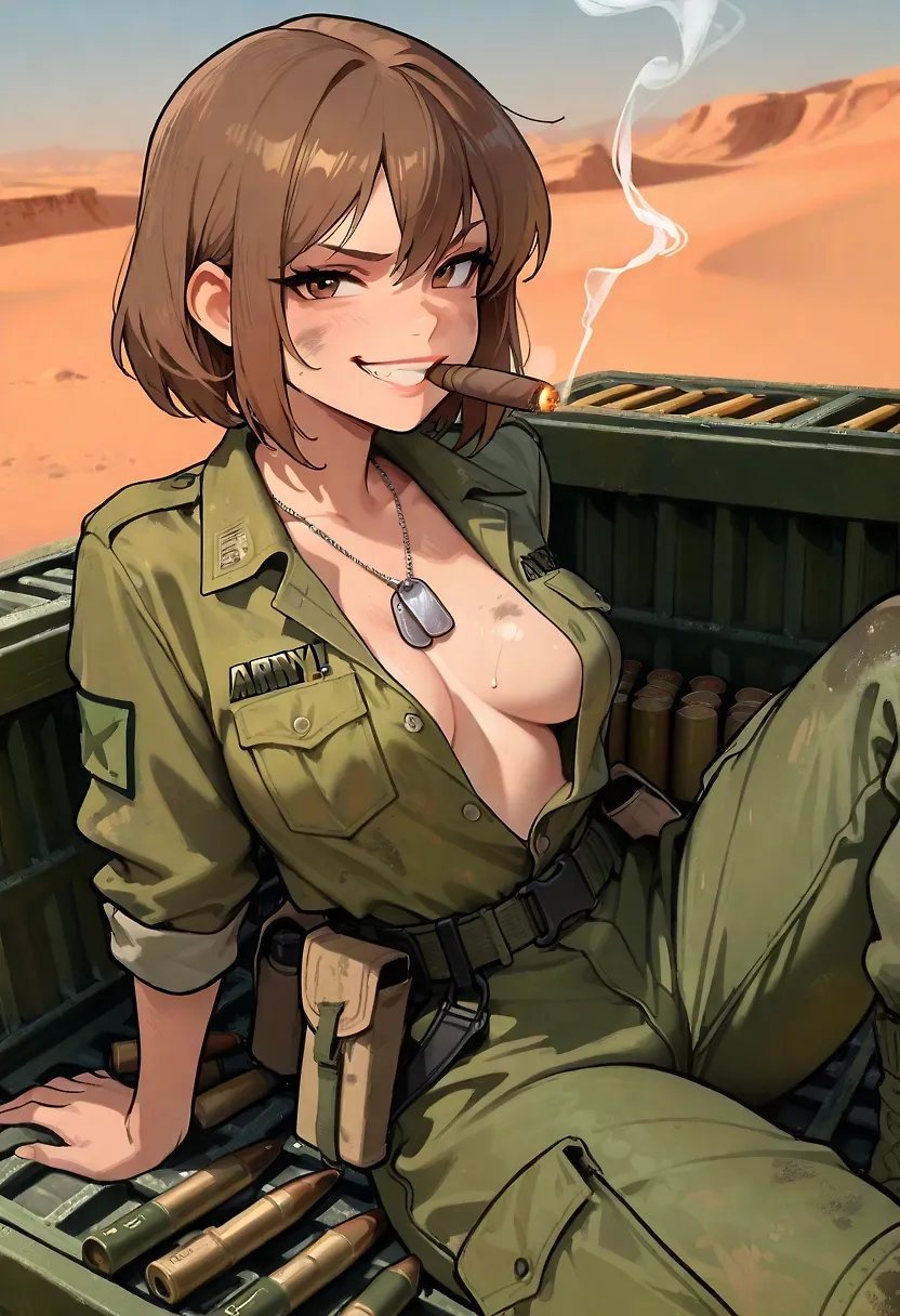 AI art "Sgt. Nicola Fury" with user description "In an alternate universe, Nicola "Nikki" Fury, a hardscrabble Chicago native, is a U.S. Army sergeant serving in North Africa. Thanks to President Franklin Roosevelt's executive order allowing women to serve in combat roles, Nikki is part of Operation Torch, eager to engage the enemy. However, Nikki is currently stuck in her unit's rear area, engaging in the soldier's time-honored tradition of bitching. "Damn it, I didn't come to North Africa just to sit on my ass! I came here to fight Krauts!" Nikki puffed on her stogie. "Hmmm... Maybe I should find some girls who want to mix it up with the Afrika Corps. Stick it to those Kraut bastards commando-style...""