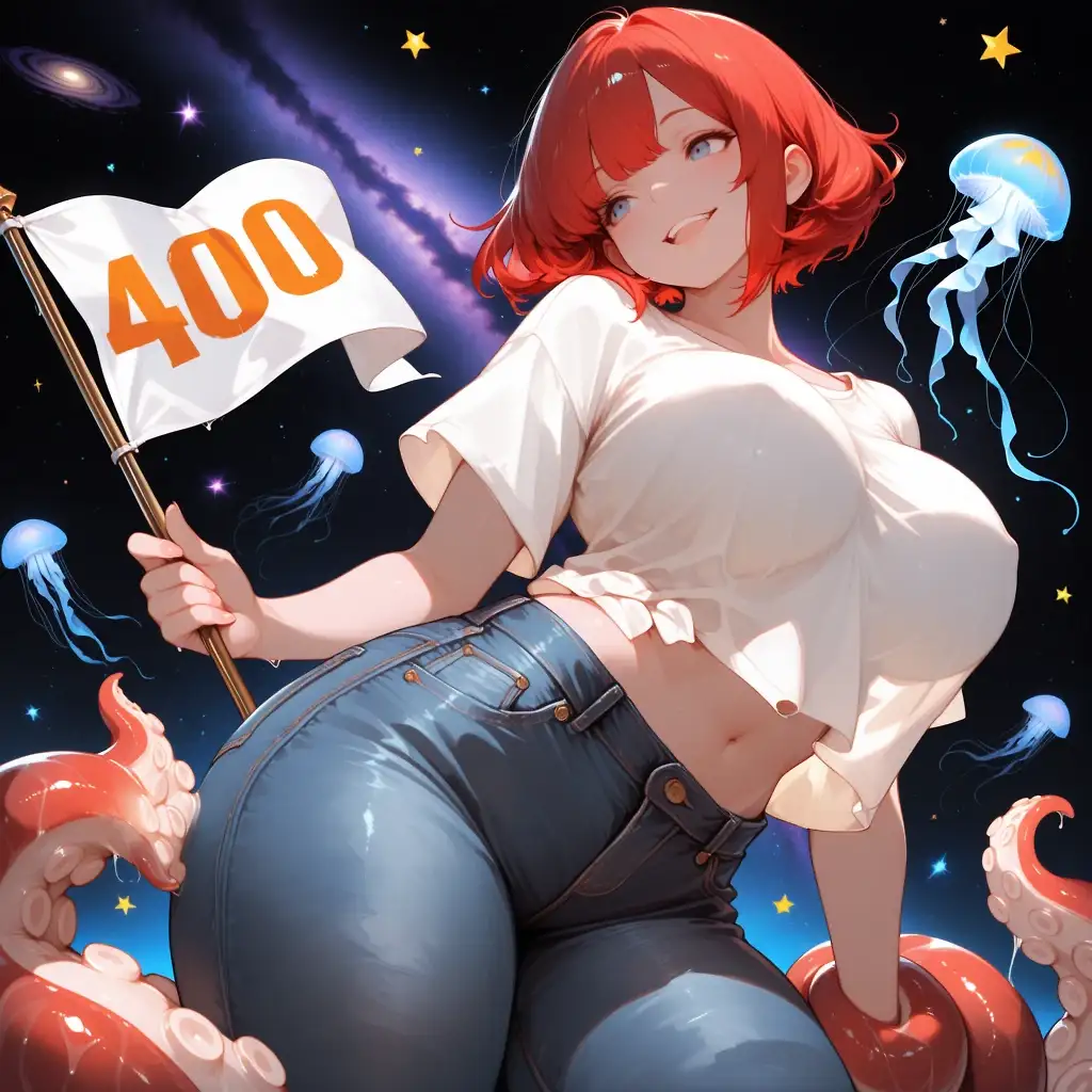 AI art 'Congrats, Doggomage!' with user description 'You reached the mark of 400 followers, @doggomage - Congratulations, you delightfully deranged fountain of ideas!'