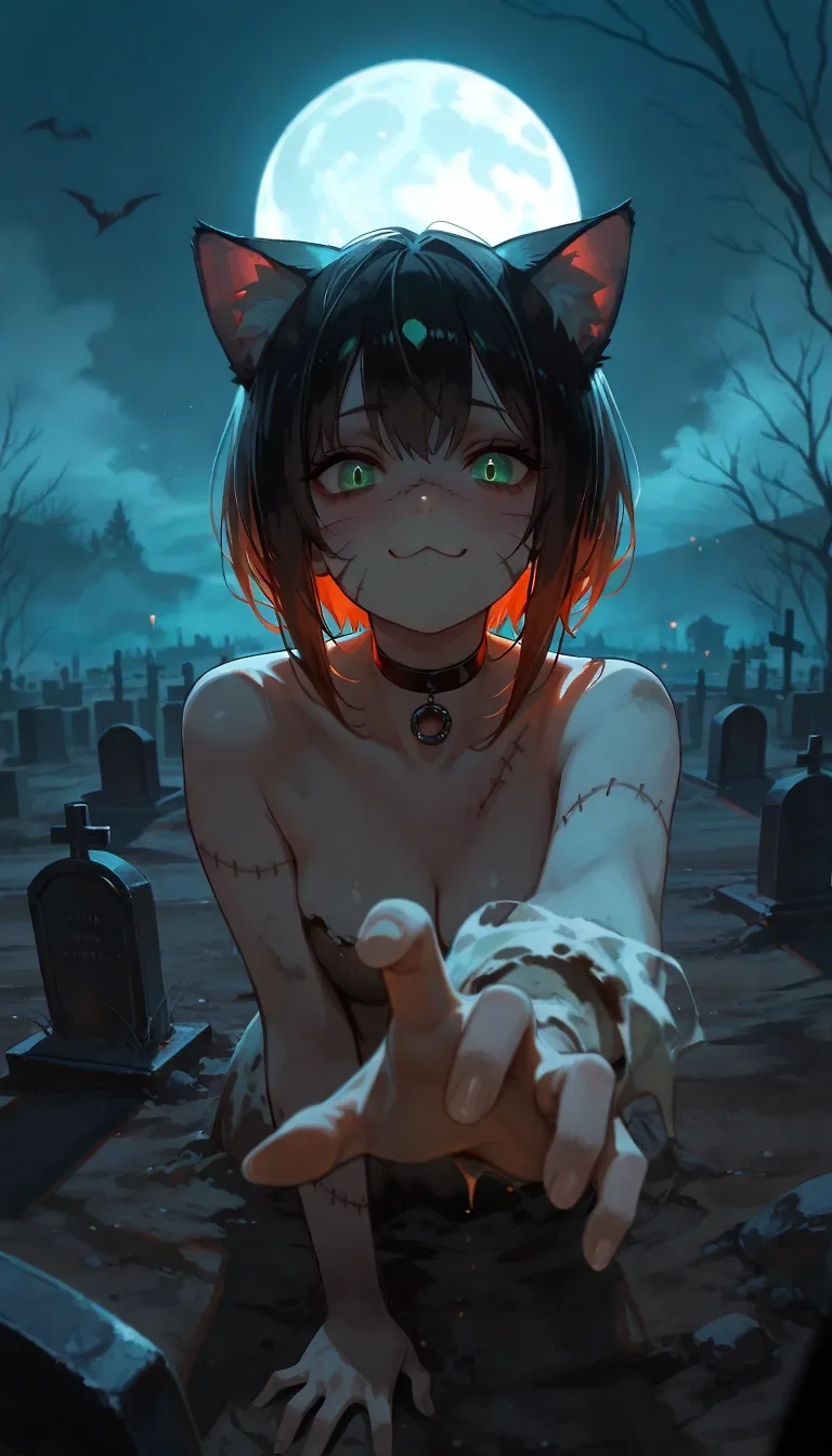 AI art "🧟 Catgirl Zombie: Revisited" with user description "You might think it's easy to get a zombie cat girl out of the grave? I took dozens of phased images and then chose only six of them for Zombie Apocalypse set... So, here are a few of the rest because I think they're not all bad 😺"
