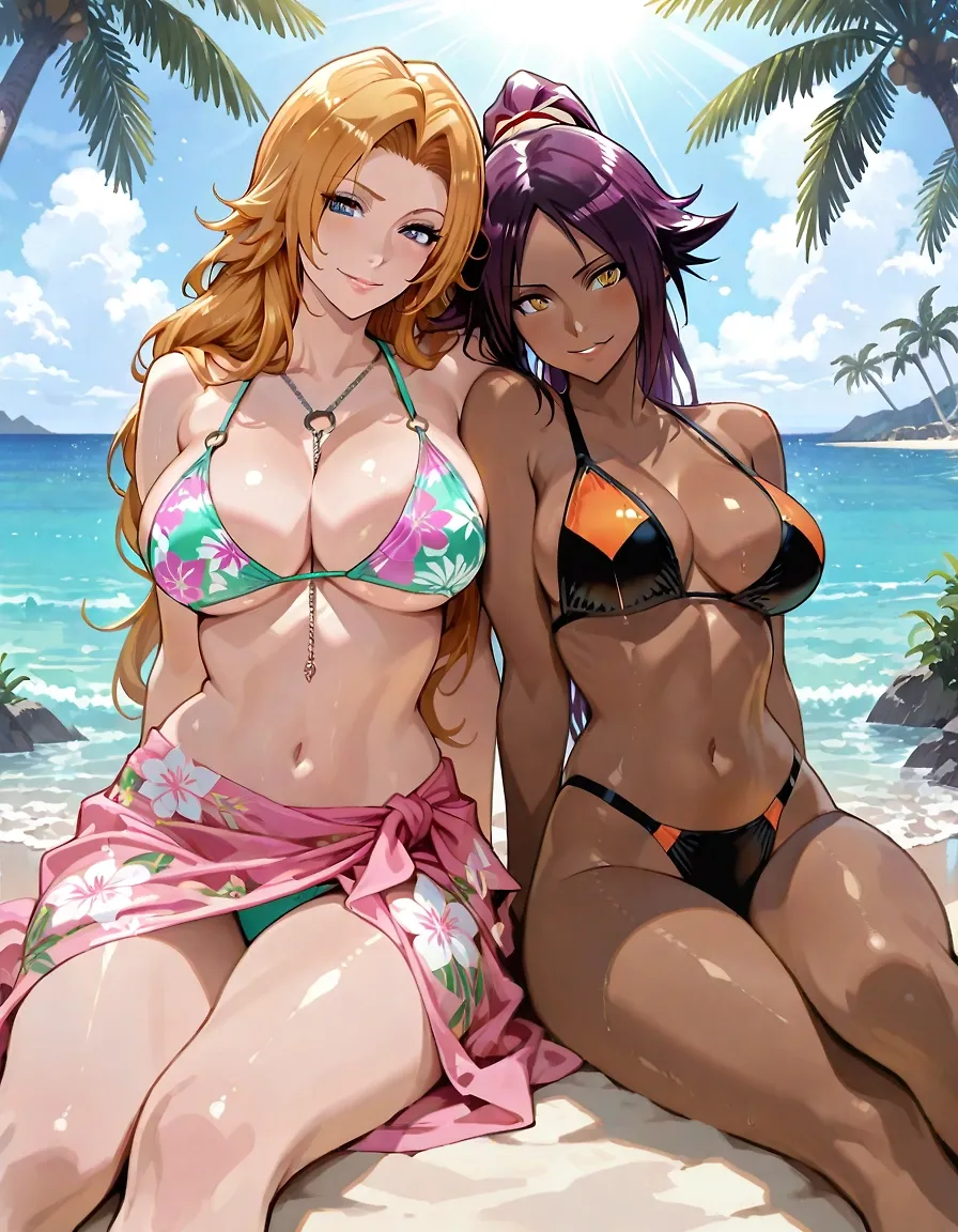 AI art "Yoruichi x Rangiku" with user description "Bleach at the Beach ヾ(⌐■_■)ノ♪"