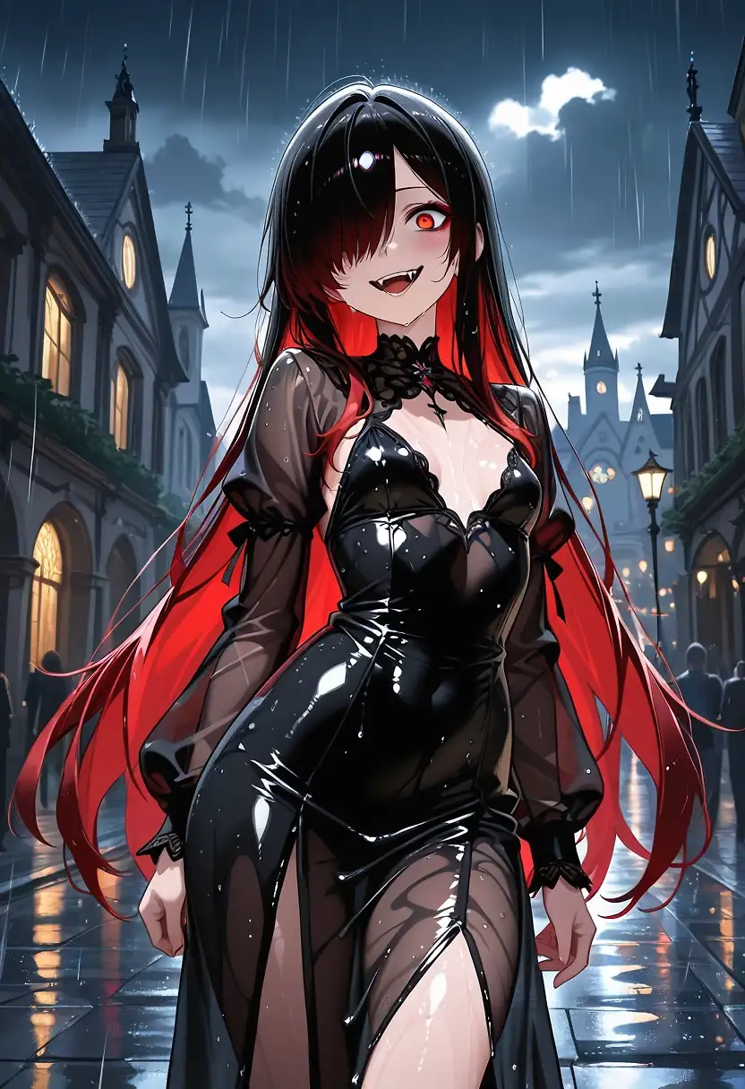 Rainy night in the streets and the church ruins