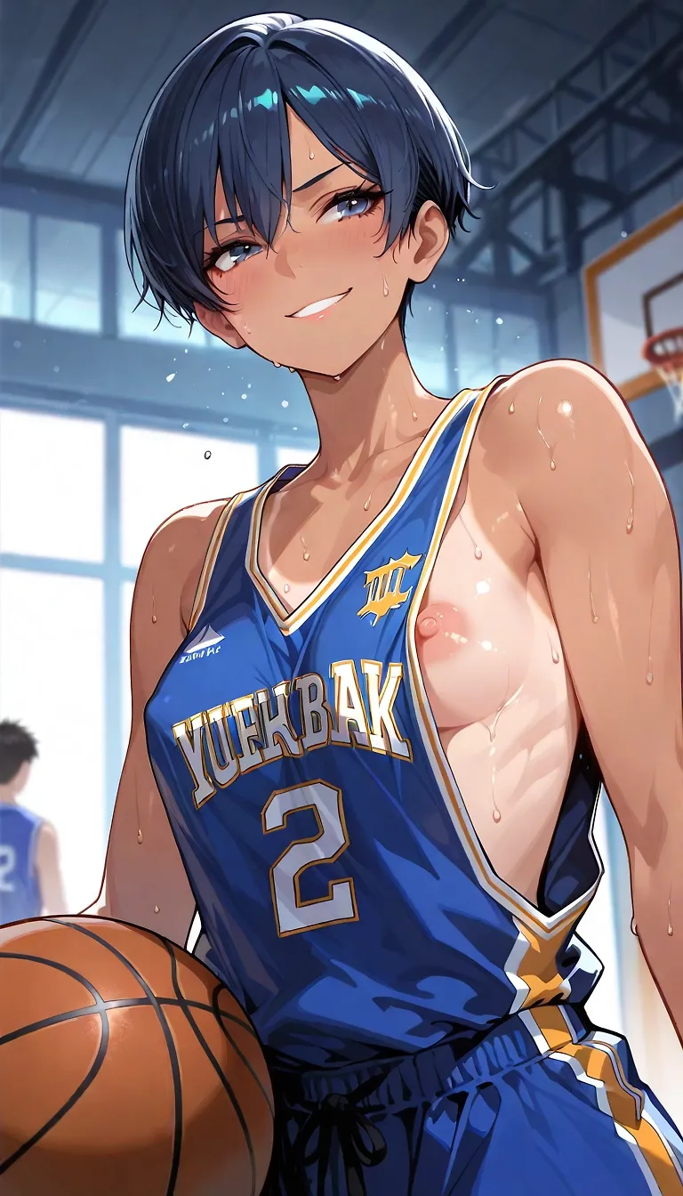 AI art "Gender bender - Aomine (Kuroko no Basket)" with user description "One of my favorite anime series is Kuroko no Basket. The plot revolves around the best high school basketball players, the "Generation of Miracles." I've been imagining its members as female players, and especially what they do right after the game, when their boyfriends relentlessly attack them... None of them wear bras, and of course, with all that movement, they show a lot. In this case, this is Aomine, a true basketball star, who is attacked by her boyfriend in the locker room after the game..."