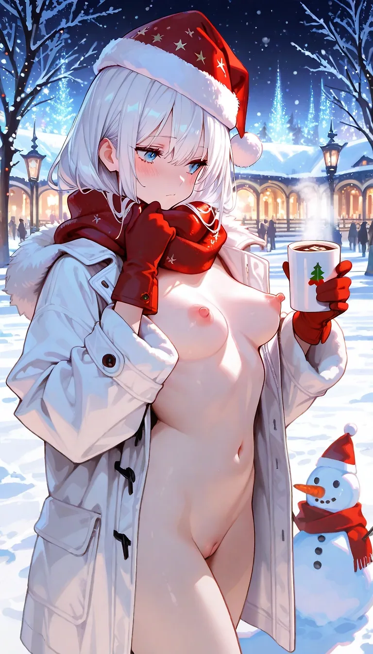 AI art ""December" remembers...." with user description "It wasn't that long ago that December was building a snowman and didn't know what to do with the carrot... Now she knows exactly where to stick it 🥕🌸 And  the hot chocolate? That's something new! How could I resist? 🍫 I mean, she, she couldn't resist😁"