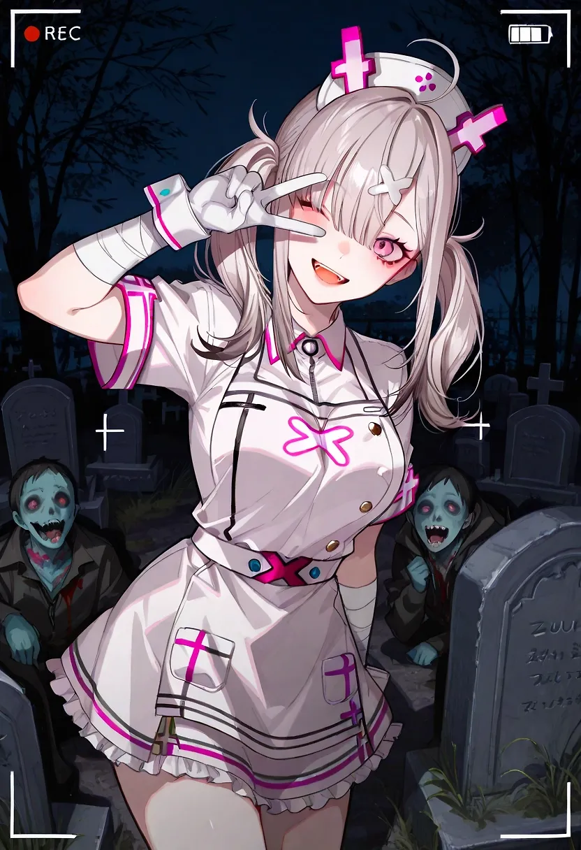 AI art "Sukoya Kana's Late-night Livestream" with user description "When Vtuber Sukoya Kana heard the rumors about actual zombies lurking in a remote and isolated graveyard, she was curious and began researching and planning for an on-site livestream for her channel.
According to sources, these zombies are actually harmless and some are quite friendly too.
Equipped with a remote video camera, Kana made a trip to the remote graveyard, reaching the place pretty late at night.
Entering the graveyard, she activated the floating camera to start her livestream and began her introduction to her viewers.
However, before she could even finish her introduction, she was warmly greeted by the zombies who began swarming towards her.
Although initially shocked, Kana quickly realize how enthusiastic and friendly these zombies were and some of them were also her fans as well!
She smiled and began her live interaction with the crowd of zombies that was now assembling around her.
And Sukoya Kana's late-night livestream began, with plenty of fan service, for both viewers and on-site zombie fans... ๐๐๐"