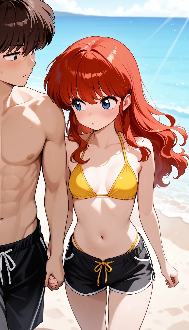 AI art "Ranma Chan and Tatewaki Kuno - Summer Pt1" with user description "Ranma loses a bet with Kuno and agrees to go out with him during summer vacation at the beach. Obviously, things get out of hand and she ends up sucking his dick on the second date. Well, if we look at it on the bright side, it didn't taste that bad, just a little salty and sweaty :P"