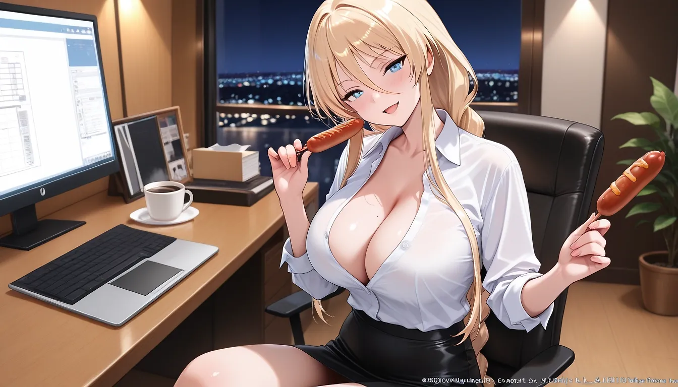 AI art "Bismarck's Office Dinner" with user description "Having been sent to the HQ Corporate office for a commission, Bismarck have had to stay in the office at night in order to complete the work.
Knowing that she would not leave to get dinner, the Commander decided to surprise her by sending coffee and sausages for her dinner.
Delighted with the surprise, Bismarck was about to enjoy the food when her team of workers knocked on her door with another surprise....their own offering of fresh 'sausages'.🌭
It was a delightful surprise dinner that Bismarck simply could not resist...."