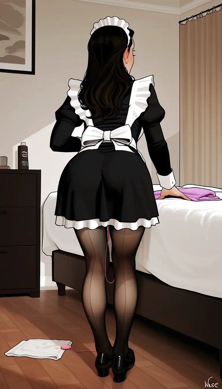 AI art 'Asami caught ! - part 1' with user description 'To spice up our sex life, Asami and I decided to try a bit of roleplay. It was more her idea, since I'm not much of an actor, but she promised me it would be easy and fun. "Just follow the flow... read this and take the ropes," she whispered in my ear as she handed me a piece of paper and went to the bedroom to prepare.
I read what she'd given me: a script. I memorized it as best I could, took a deep breath filled with excitement and a tinge of nervousness, and went to the bedroom.
Asami was dressed as a maid — beautiful, elegant, sexy. She was "cleaning" our bedroom, a cute smirk on her face. She bent forward slightly, revealing a hint of what was underneath her skirt - A pink danging wire, one of which that looks suspiciously similar to those on some wired vibrators.

Following the script, I called her over and "confronted" her about her lack of professionalism at work. She begged me to keep this to myself — she really needed this job, and she'd do anything to keep it a secret.
I smiled, sensing the natural progression of the scene we'd written together.
"Anything I want... right?"
Asami looked back at me, feigning worry, gulped, and nodded. She put her head down — but not before I caught her cute smile of excitement, the one she was trying so hard to hide.

With a wicked little smile, I stepped closer and with a stern voice, I ordered her to undress. She obeyed, revealing her body with each part of the uniform she discarded on the floor. Soon enough, she stands there, wearing nothing but her pantyhose.

Taking out the red ropes I prepared, I raidly worked a chest harness, leaving her surprised and excited. Looking back at her: 

"More is to come, my dear," I murmured.

She shivered, and I felt the last of the script fall away — this part, we both knew, we were making up as we went.

Part 1 - End'