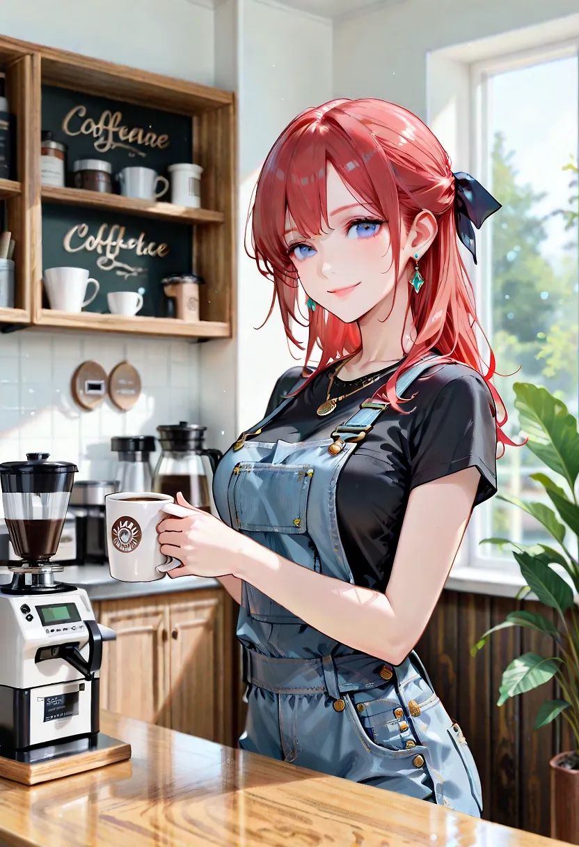 AI art "Beautiful barista serving you a cuppa" with user description "The smile alone makes the coffee sweet"