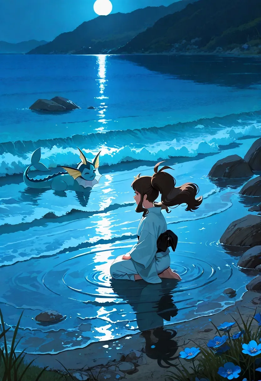 Touko and Vaporeon By The Waves