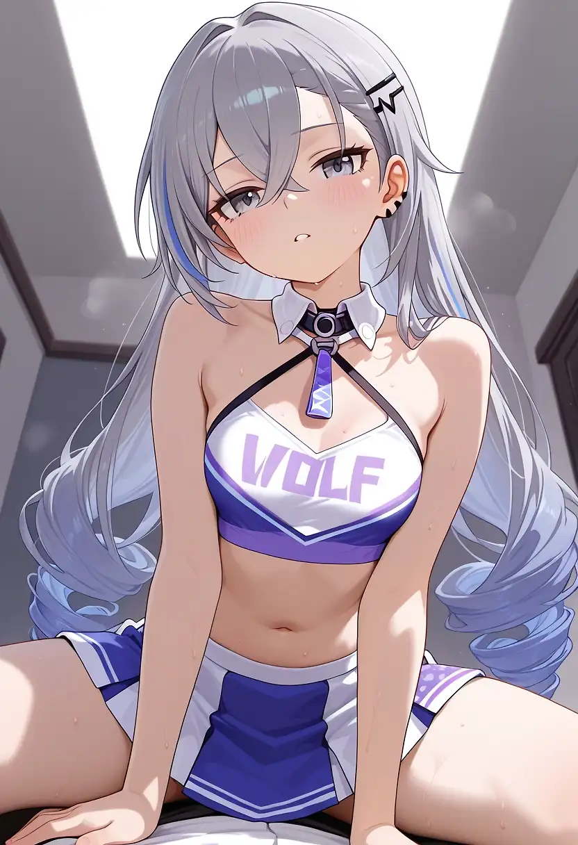 AI art 'She's back' with user description 'Silver wolf returns in some hot new pics, including..... silver wolf erm...what's that device you have? Hmm, a digivice? O.O' oh no...not again, no you looking sexyvwont help. As punishment get stuck in an eevee costume...hey! Don't chane into a provocative cheerleader outfit! Im trying to make you adorable'
