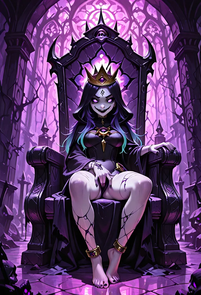 AI art "Arazni in Cartoon Nova" with user description "I played a littel around with different models for Arazni but Cartoon Nova has quite something. This Evil smile... 🥶 It gives me goosebumps..."