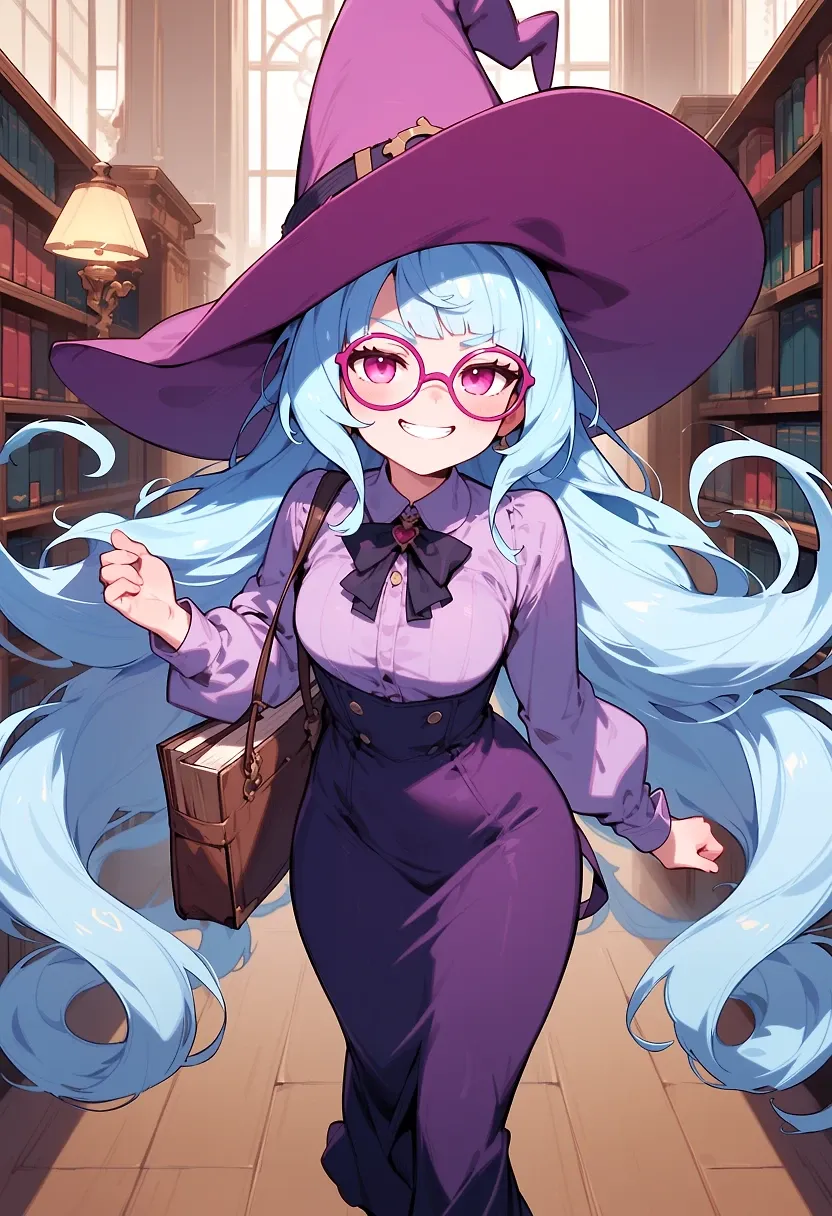 AI art "Parallel Runies" with user description "Same prompt (Runie walking in a library with a smug grin) across a bunch of different models.  Just a little style experiment."