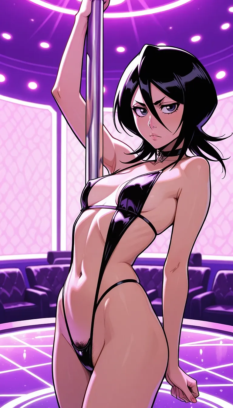 AI art "Bleach Girls Pole-dancing!" with user description "Some of the Bleach girls got up on the pole to dance a little and turn up the heat! Which one would you stare at, mesmerized?"