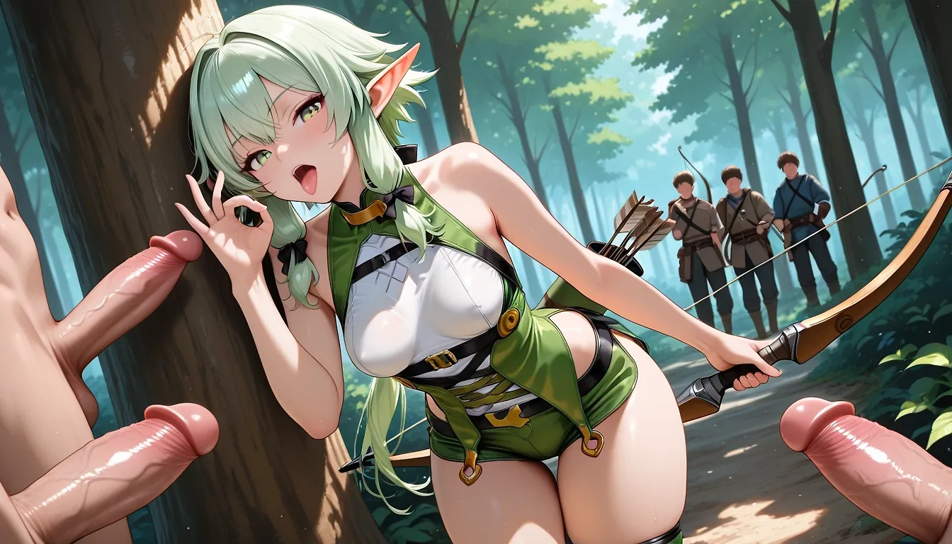 AI art "High Elf Archer's 'Monster' Hunt" with user description "It has been centuries since her adventures with Goblin Slayer's party and while most of her former companions are no longer around, High Elf Archer is still well and alive.
However, things have changed greatly since then....
She is no longer the flat 'Anvil' of the past and the 'monsters' that she now hunts bring her immense joy and satisfaction...🏹"