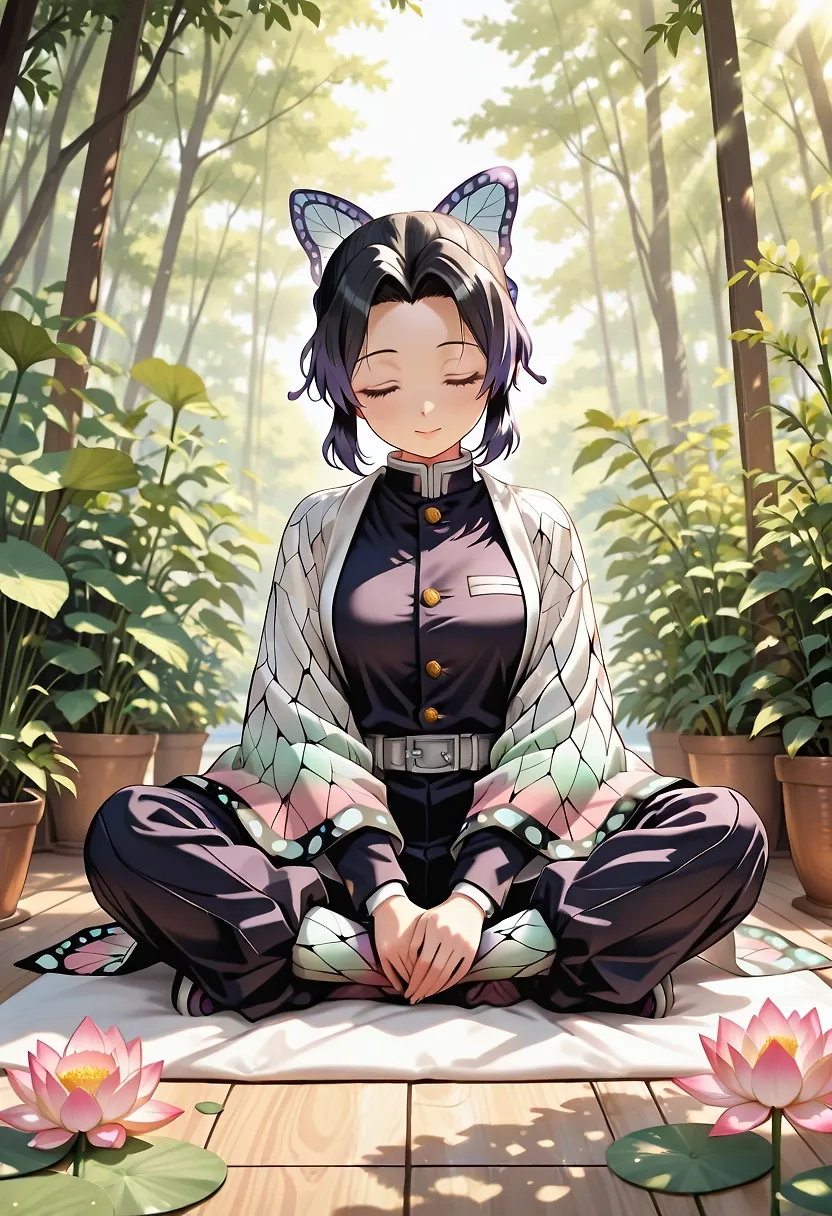 AI art "Shinobu Meditation" with user description "Shinobu getting a surprise during meditation."